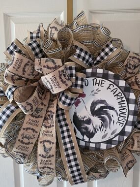 Farmhouse Rooster Wreath with Farm Fresh Ribbon - Black, Cream, Tan